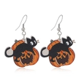 Halloween dangle earrings featuring black cat on pumpkin design with silver hooks - Black Cat Pumpkin Style (WEH3491)