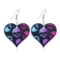 Gothic Herzohrringe in Schwarz mit bunten Totenkopf-Mustern für Halloween-Mode - Schwarzes Herz Totenkopf Stil (WEH3543)