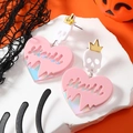 Pink heart and skull acrylic earrings for Halloween with crown details and laser finish - Skull Crown Heart Style (WEH3366)
