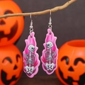 Pink acrylic skeleton earrings with silver hooks for Halloween party fashion - Pink + White