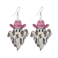 Orecchini a fantasma con cappello da cowboy rosa e motivo a macchie di mucca - Stile Fantasma Cowboy Fantasia Mucca (WEH3317)