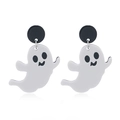 Cute Halloween ghost drop earrings in white acrylic with black studs and silver metal rings - White Cute Ghost Black Round Stud Style