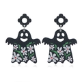 Black acrylic ghost earrings with white daisy floral pattern for Halloween outfits - Black Floral Ghost Black Petal Stud Style