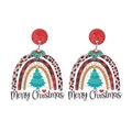 Christmas earrings featuring red glitter studs and rainbow acrylic Merry Christmas pendants - Rainbow Christmas Tree Style (WEH3521) / Large