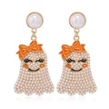 Pendientes de fantasma de Halloween con lazos naranjas y cuentas blancas sobre oro - Fantasma Blanco Lazo (WEH3636) / Blanco