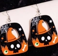 Halloween acrylic earrings featuring black glitter cat with orange wizard hat and web - Witch Hat Black Cat Eye Glitter Hook Style