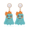 Pendientes colgantes de fantasma para Halloween con cuentas azules y un lazo naranja vivo - Fantasma Azul Claro Lazo (WEH3636)