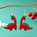 Creative Christmas red dinosaur earrings with green spines and deer horns on wooden branch - Red Antler Dinosaur Style(WEH3726)