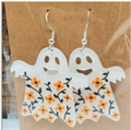 Boucles d'oreilles fantôme avec motifs floraux orange sur carte kraft pour Halloween - Style Crochet Argent Fantôme Floral Blanc