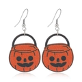 Halloween pumpkin lantern drop earrings with orange wood texture and silver hooks - Pumpkin Bucket Style (WEH3488)