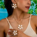 Exaggerated golden flower jewelry set with white enamel petals for women's party wear - White Zirconia Set