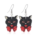 Halloween black cat earrings with polka dot bowties and yellow eyes on white background - Black Cat Bowtie Style (WEH3493)