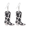 Fashionable cowboy boot earrings featuring a black and white cow print pattern - Black and White Cow Print Cowboy Boot (WEH3496)