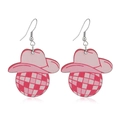 Pink cowboy hat and disco ball earrings in retro leopard cow print design - Pink Cowboy Hat and Disco Ball (WEH3497)