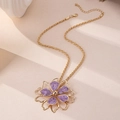 Detail showing gold rope chain with purple enamel flower pendant and lobster clasp closure - Light Purple Necklace / Light Purple
