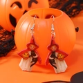 Boucles d'oreilles vintage Halloween en acrylique avec fille, chat noir et citrouille - Style de Fille Sorcière Vintage (WEH3701)