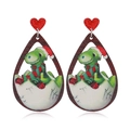 Pendientes de dinosaurio navideño con marco de madera hueco y corazón rojo brillante - Estilo de Dinosaurio Pintado Hueco (WEH3758)
