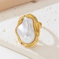 Vintage Baroque pearl ring with irregular gold lava texture and artistic open design - White