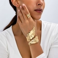 Abstract leaf pattern gold cuff bracelet and open ring set with hammered texture finish - Gold Leaf Hammered Set (T590)