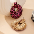 Pink leopard print C-shaped oversized earrings with gold hammered metal finish - Rose Red Leopard Print (E0157)