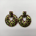 Fashionable round drop earrings featuring green and pink leopard print and metal clasp - Green Leopard Print (E0158)