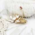 Elegant 18K gold lotus brooch with white mother-of-pearl and red gemstone accents - 37*44.5mm / Lotus Style (G0410)