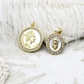 Vintage gold Queen Elizabeth coin and oval shell pendant with micro-inlaid rhinestones - Micro-Pave Round Queen Style