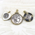 Vintage Greek coin pendant set with goddess relief in heart and floral patterns - Extra Large Portrait