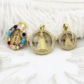Detailed close-up of 18k gold plated Virgin Mary religious pendants with colorful zircons - Multicolor Rhinestone King 16.5x22.6mm