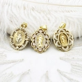 Close-up of 18k gold-plated Virgin Mary oval pendants with cubic zirconia inlay detail - White Rhinestone Left Oval 17x22mm