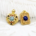 Traditional gold plated hollow round and square pendants with emerald and lapis stones - Lapis Lazuli Seed Syllable Rotating Pendant 16.3*24.7mm