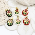 Detail view of retro enamel flower pendants with colorful crystals in gold frames - Black Tulip with Red Rhinestone 16*21.5mm