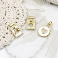 Close-up of 18K gold plated charms with pearls and rhinestones in religious and heart motifs - Square Heart Style / 9*16mm