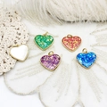 Detail of five 18K gold plated heart pendants with opal texture for DIY jewelry making - Large Flat Heart / 16*17mm / White Shell