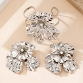 Silver flower jewelry set with pearls including open bangle and matching stud earrings - Silver