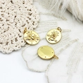Macro view of gold oval charms featuring engraved bee and snake motifs with small crystals - Oval Snake Tag