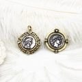 Detail view of retro coin pendants with portrait relief and vintage metallic finish - Right Double Ring 25*27mm