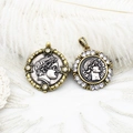 Vintage Greek coin pendants with portrait embossments and zircon detailing on white feathers - Right Rhinestone Round 23*26.6mm