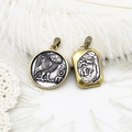 Vintage Greek coin pendants featuring Athena's owl and goddess portrait on white feathers - Square 15.6*24.7mm
