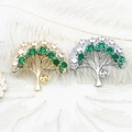 Elegante spilla Albero della Vita in oro e argento con cristalli verde smeraldo e bianchi - Foglia di Ginkgo Platino 37*42mm