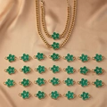 Golden Cuban chain necklace with green enamel flower pendants and capital letter charms - Letter A