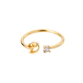 Detailed close-up of a gold-plated adjustable ring featuring letter D and a zircon stone - Letter D / Gold