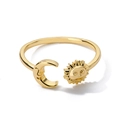Detailed view of a gold celestial open ring featuring sun and moon relief symbols - Face Sun Moon Style (G12752)