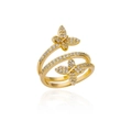 Anillo dorado de doble mariposa con piedra ojo de gato y micro-pavé de circonitas - Dorado / Estilo de Anillo de Envoltura Pave de Mariposa Doble (JZ4454G)
