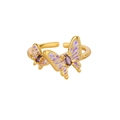 Anillo abierto dorado con mariposas de opalo morado y banda de metal texturizada - Dorado / Estilo de Banda de Cuentas de Mariposa Doble de Esmalte Púrpura (JZ8043G)