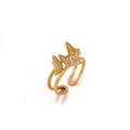 Anillo abierto dorado con tres mariposas de circonita y diseño de banda de doble capa - Dorado / Estilo de Banda Asimétrica de Doble Capa Triple Mariposa (JZ9014G)