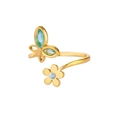 Anillo abierto de mariposa dorado con piedras ojo de gato verdes y detalles florales - Dorado / Estilo Envolvente de Mariposa de Gema Degradada Verde (JZ7914G-1)