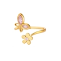 Anillo ajustable bañado en oro con mariposa de opalo rosa y pequeños detalles florales - Dorado / Estilo Mariposa y Flor de Gema Marquesa Rosa (JZ7914G-2)