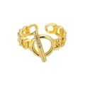 Anello aperto dorato minimalista con fibbia OT e zirconi su fascia a catena - Stile Strass Catena Cubana con Chiusura a T (G122305)