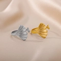 Detail view of gold and silver ginkgo leaf rings with brushed texture on silk - Ginkgo Leaf Vein Hollow Style (JZ3123)